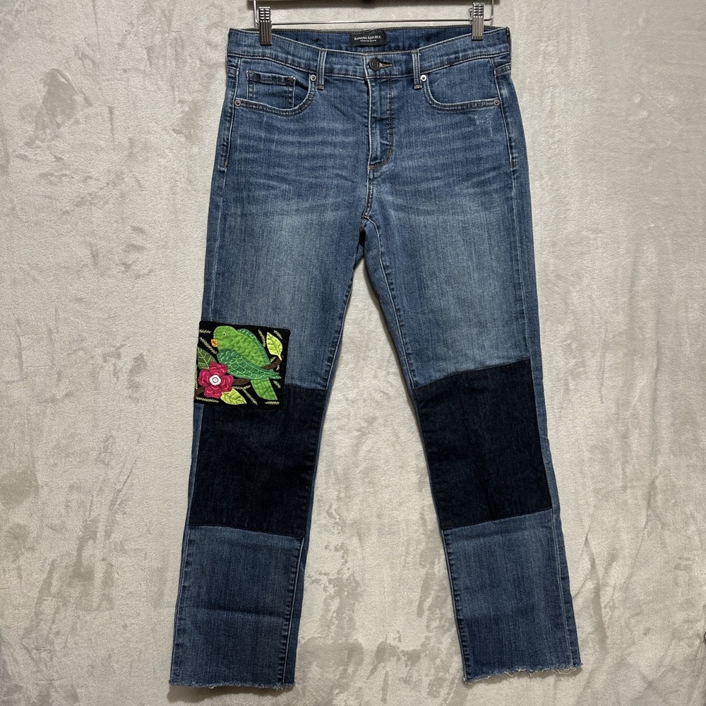 Banana Republic Womens 29 Blue Bird Accented Mid Rise Straight Leg Jeans Raw Hem